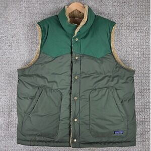 Patagonia Reversible Bivy Down Vest Mens Green Tan Sherpa Fleece Puffer Size XL